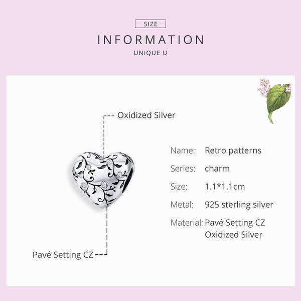 Retro Heart Enamel Sterling Silver CZ Bead Charm Pendant Bracelet Necklace