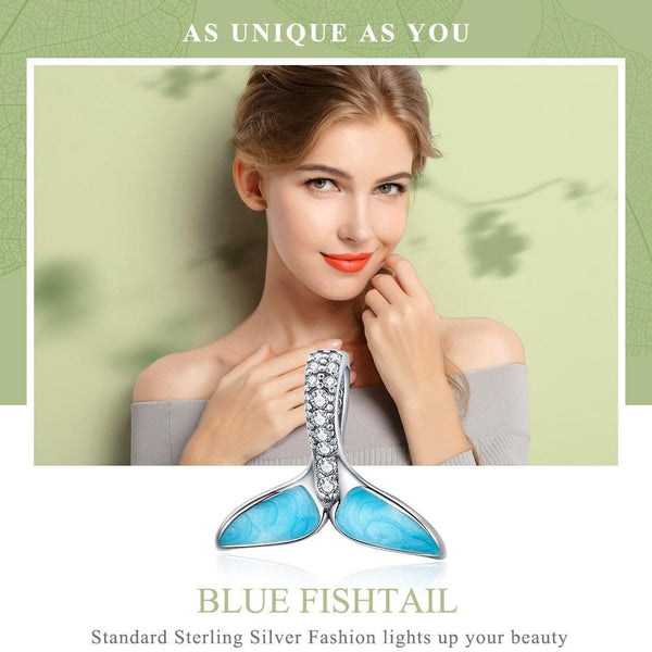 Blue Whale Tail  Enamel Sterling Silver Zircon CZ Bead Charm Bracelet Necklace