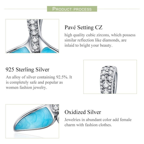 Blue Whale Tail  Enamel Sterling Silver Zircon CZ Bead Charm Bracelet Necklace