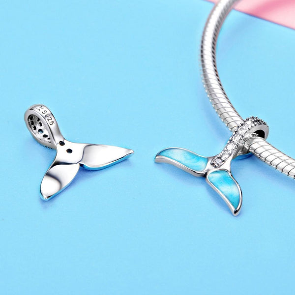 Blue Whale Tail  Enamel Sterling Silver Zircon CZ Bead Charm Bracelet Necklace