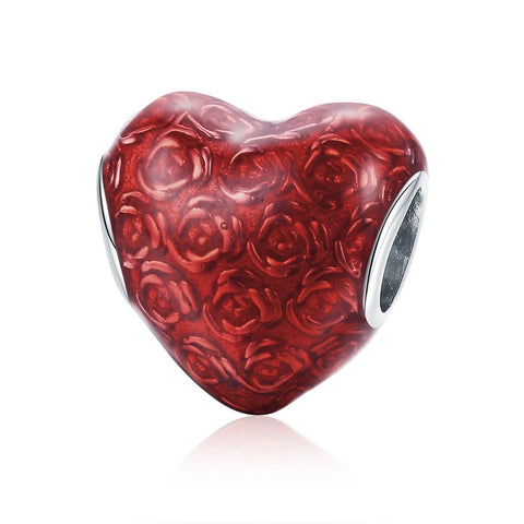 Red Love Heart Roses Enamel Sterling Silver Bead Charm Bracelet Necklace