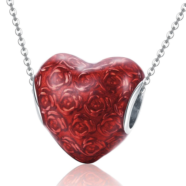 Red Love Heart Roses Enamel Sterling Silver Bead Charm Bracelet Necklace