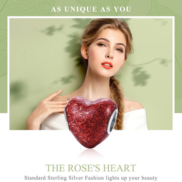 Red Love Heart Roses Enamel Sterling Silver Bead Charm Bracelet Necklace