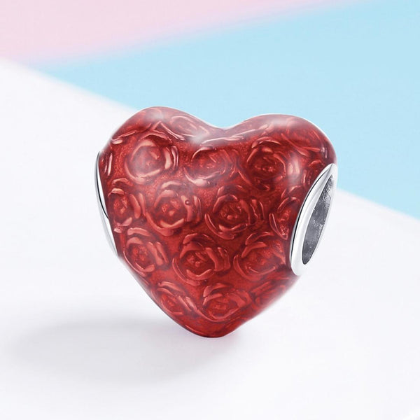 Red Love Heart Roses Enamel Sterling Silver Bead Charm Bracelet Necklace