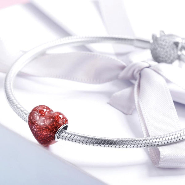 Red Love Heart Roses Enamel Sterling Silver Bead Charm Bracelet Necklace