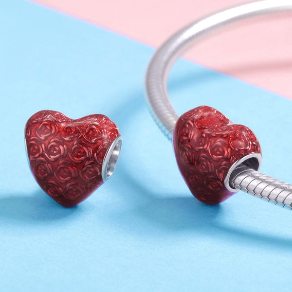 Red Love Heart Roses Enamel Sterling Silver Bead Charm Bracelet Necklace