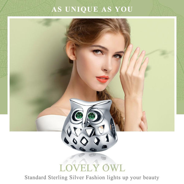 Owl Sterling Silver Zircon CZ Bead Charm Bracelet Necklace Pendant