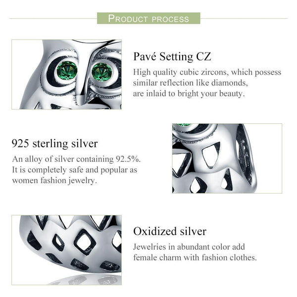 Owl Sterling Silver Zircon CZ Bead Charm Bracelet Necklace Pendant