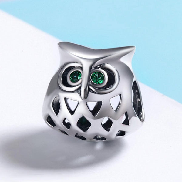 Owl Sterling Silver Zircon CZ Bead Charm Bracelet Necklace Pendant