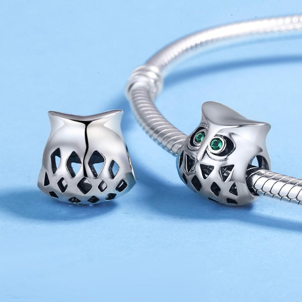 Owl Sterling Silver Zircon CZ Bead Charm Bracelet Necklace Pendant