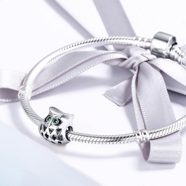 Owl Sterling Silver Zircon CZ Bead Charm Bracelet Necklace Pendant