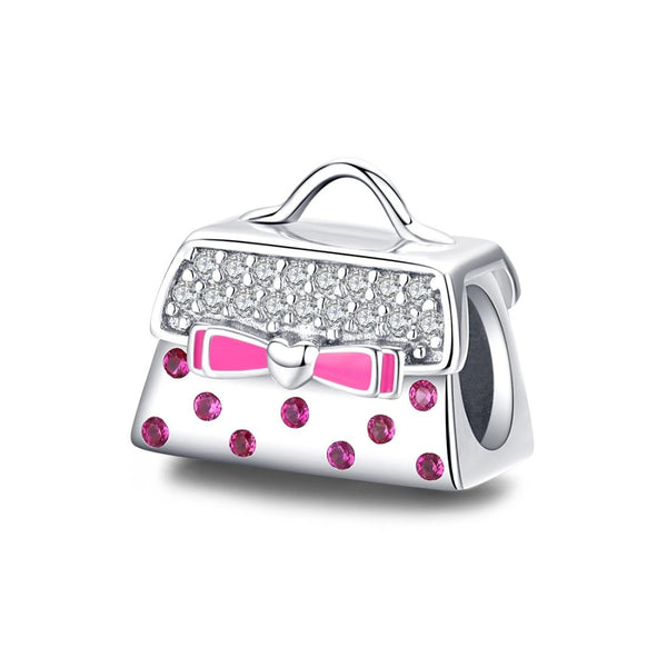 Pink Handbag Sterling Silver Zircon CZ Bead Charm Pendant Bracelet Necklace