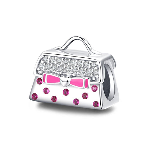 Pink Handbag Sterling Silver Zircon CZ Bead Charm Pendant Bracelet Necklace