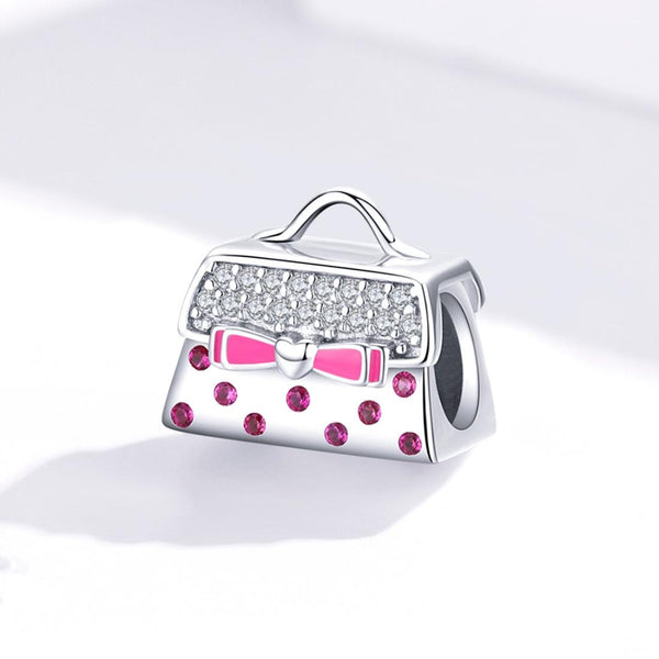 Pink Handbag Sterling Silver Zircon CZ Bead Charm Pendant Bracelet Necklace