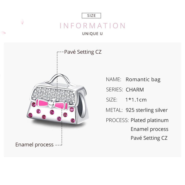 Pink Handbag Sterling Silver Zircon CZ Bead Charm Pendant Bracelet Necklace