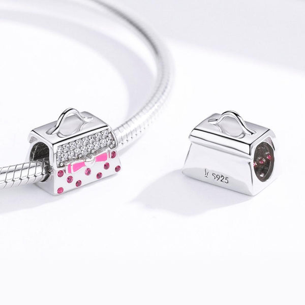 Pink Handbag Sterling Silver Zircon CZ Bead Charm Pendant Bracelet Necklace