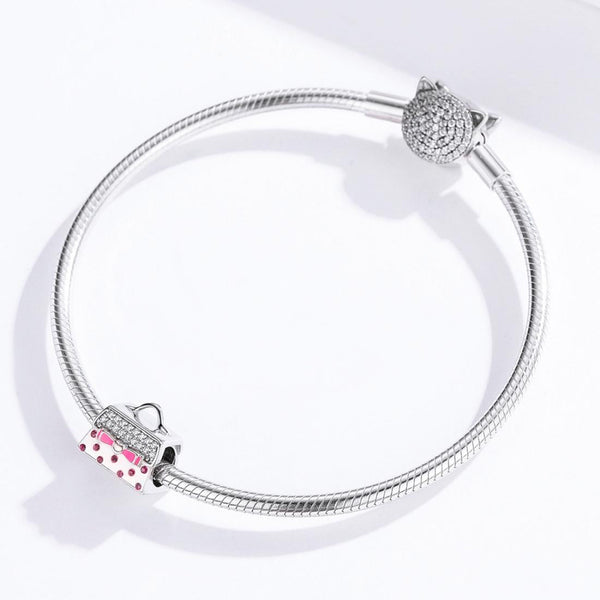 Pink Handbag Sterling Silver Zircon CZ Bead Charm Pendant Bracelet Necklace
