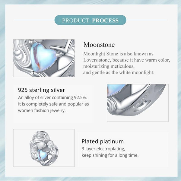 Forever Love Mother Child Moonstone Sterling Silver Bead Charm Bracelet Necklace