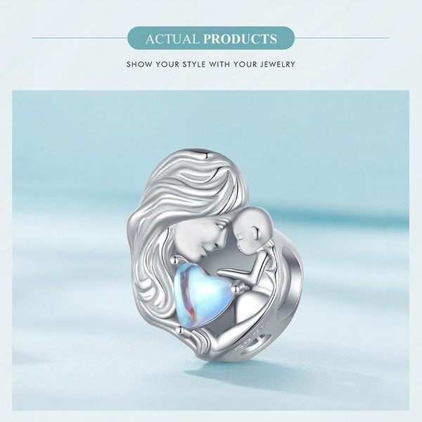 Forever Love Mother Child Moonstone Sterling Silver Bead Charm Bracelet Necklace