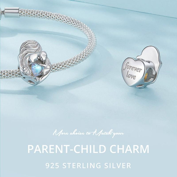 Forever Love Mother Child Moonstone Sterling Silver Bead Charm Bracelet Necklace