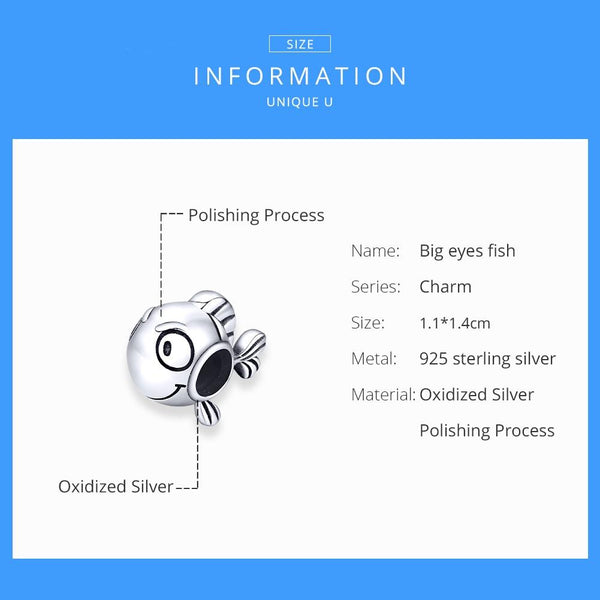 Happy Fish Sterling Silver Bead Charm Bracelet Necklace