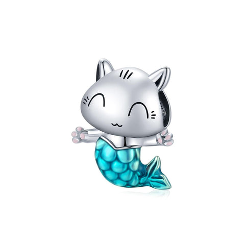 Cat Mermaid Enamel Sterling Silver Bead Charm Bracelet Necklace