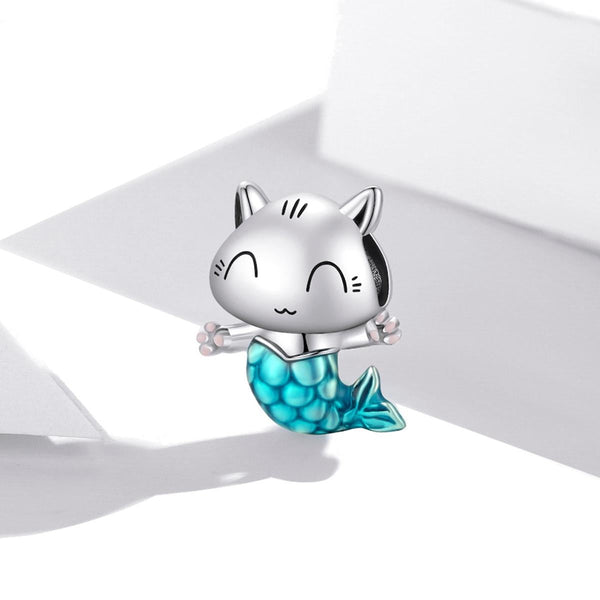 Cat Mermaid Enamel Sterling Silver Bead Charm Bracelet Necklace