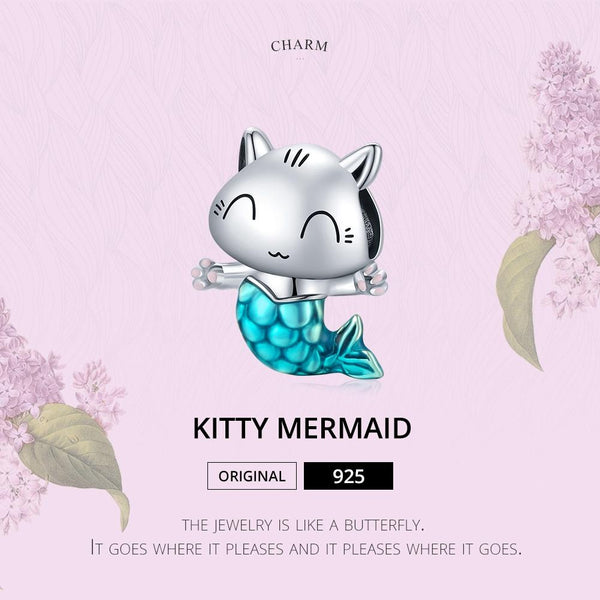 Cat Mermaid Enamel Sterling Silver Bead Charm Bracelet Necklace