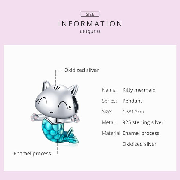 Cat Mermaid Enamel Sterling Silver Bead Charm Bracelet Necklace