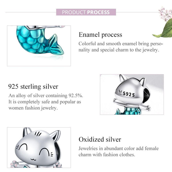 Cat Mermaid Enamel Sterling Silver Bead Charm Bracelet Necklace