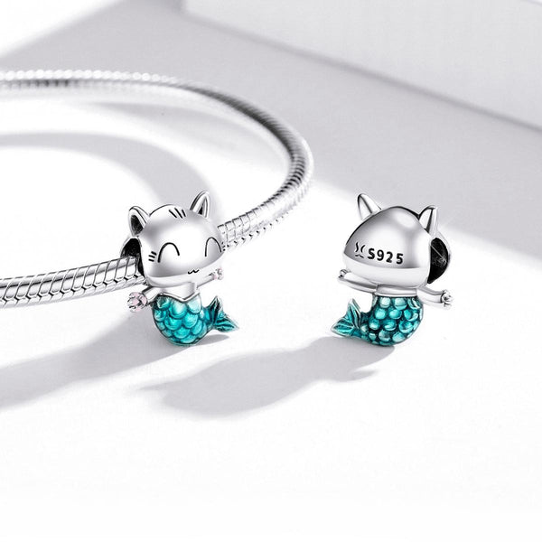 Cat Mermaid Enamel Sterling Silver Bead Charm Bracelet Necklace