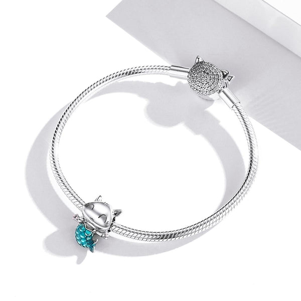 Cat Mermaid Enamel Sterling Silver Bead Charm Bracelet Necklace