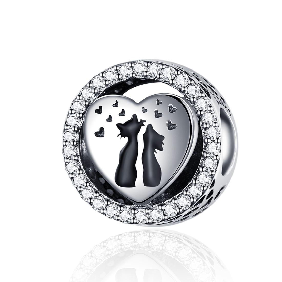 Love Cats Hearts Enamel Sterling Silver Zircon CZ Bead Charm Bracelet Necklace