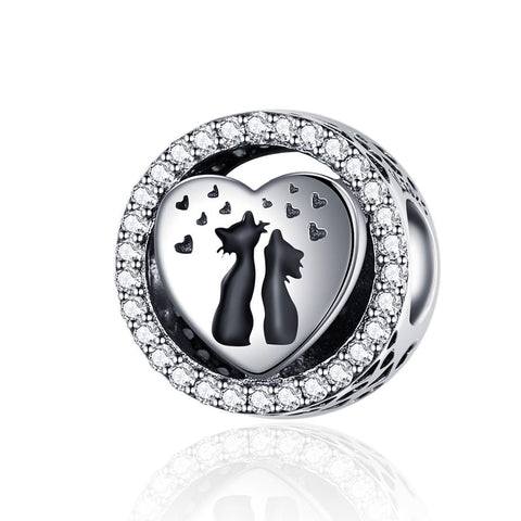 Love Cats Hearts Enamel Sterling Silver Zircon CZ Bead Charm Bracelet Necklace
