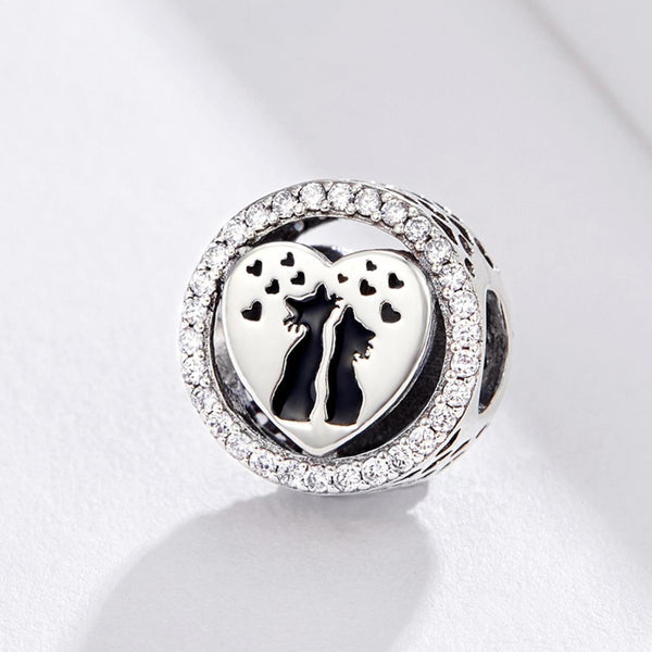 Love Cats Hearts Enamel Sterling Silver Zircon CZ Bead Charm Bracelet Necklace