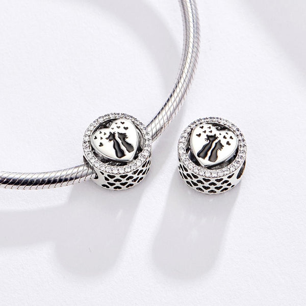 Love Cats Hearts Enamel Sterling Silver Zircon CZ Bead Charm Bracelet Necklace