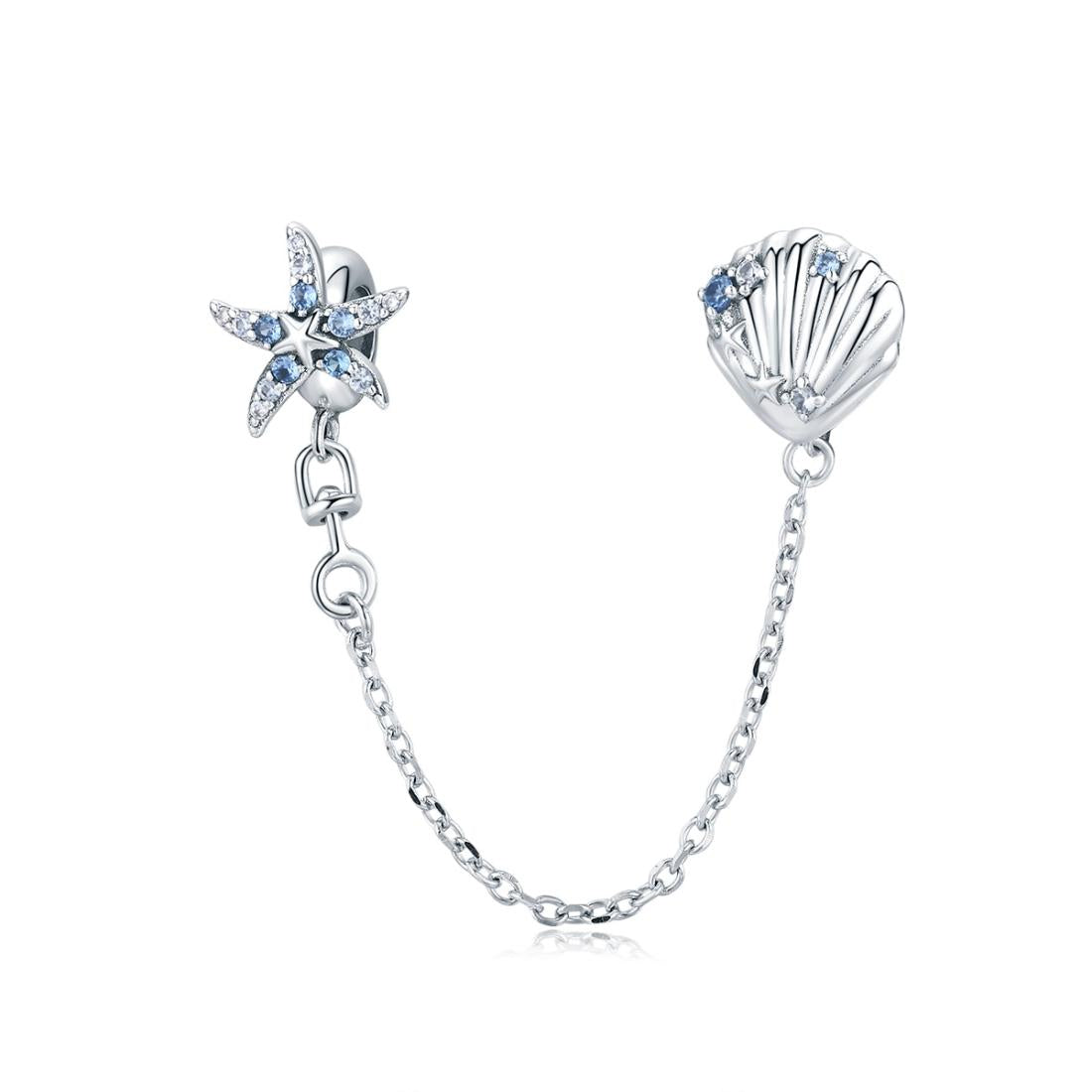 Starfish Shell Sterling Silver Zircon CZ Safety Chain For Bracelet