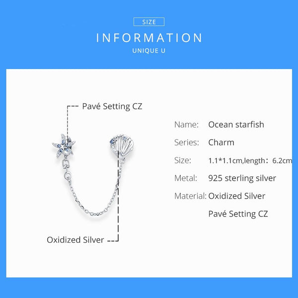 Starfish Shell Sterling Silver Zircon CZ Safety Chain For Bracelet