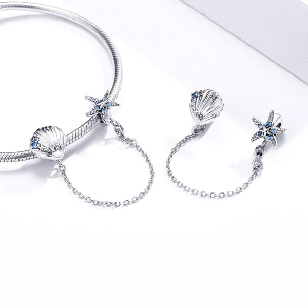 Starfish Shell Sterling Silver Zircon CZ Safety Chain For Bracelet