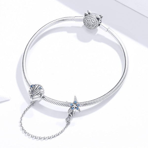 Starfish Shell Sterling Silver Zircon CZ Safety Chain For Bracelet