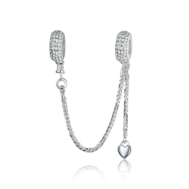 Love Heart Platinum Plated Sterling Silver Zircon CZ Safety Chain Bracelet