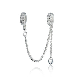 Love Heart Platinum Plated Sterling Silver Zircon CZ Safety Chain Bracelet