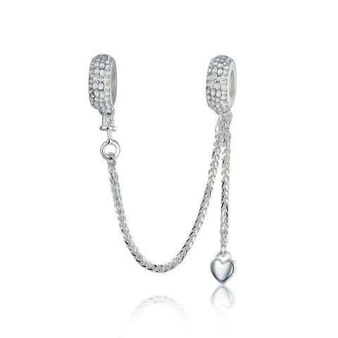 Love Heart Platinum Plated Sterling Silver Zircon CZ Safety Chain Bracelet