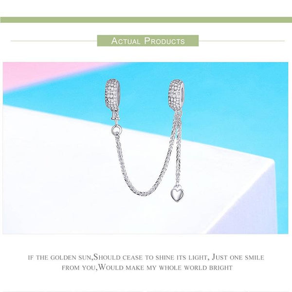 Love Heart Platinum Plated Sterling Silver Zircon CZ Safety Chain Bracelet