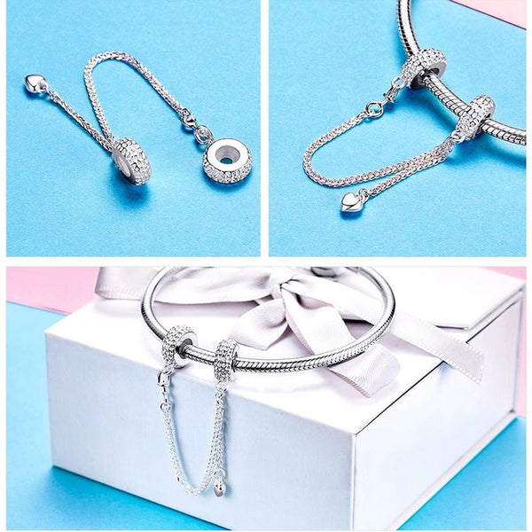Love Heart Platinum Plated Sterling Silver Zircon CZ Safety Chain Bracelet