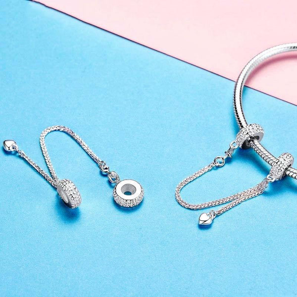 Love Heart Platinum Plated Sterling Silver Zircon CZ Safety Chain Bracelet