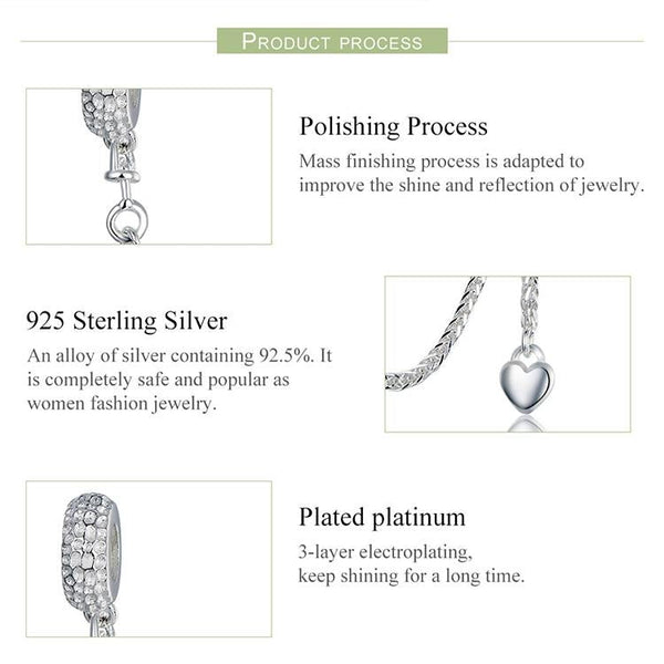 Love Heart Platinum Plated Sterling Silver Zircon CZ Safety Chain Bracelet