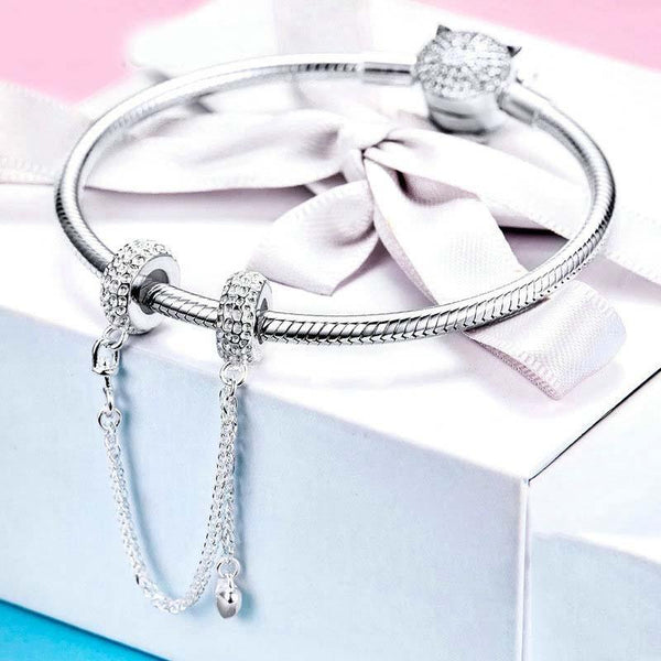 Love Heart Platinum Plated Sterling Silver Zircon CZ Safety Chain Bracelet