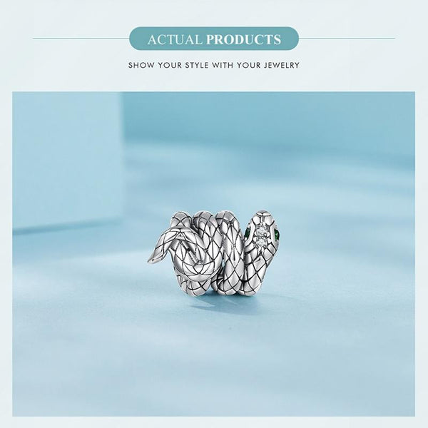 Coiled Snake Sterling Silver Zircon CZ Bead Charm Bracelet Necklace