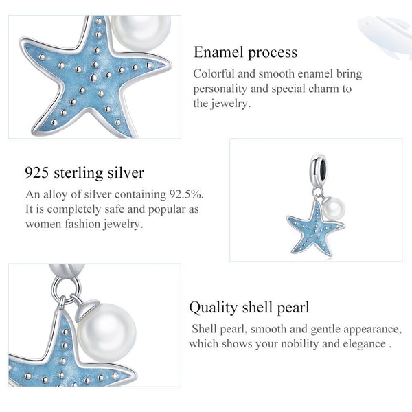 Starfish Faux Pearl Enamel Sterling Silver Bead Charm Pendant Bracelet Necklace